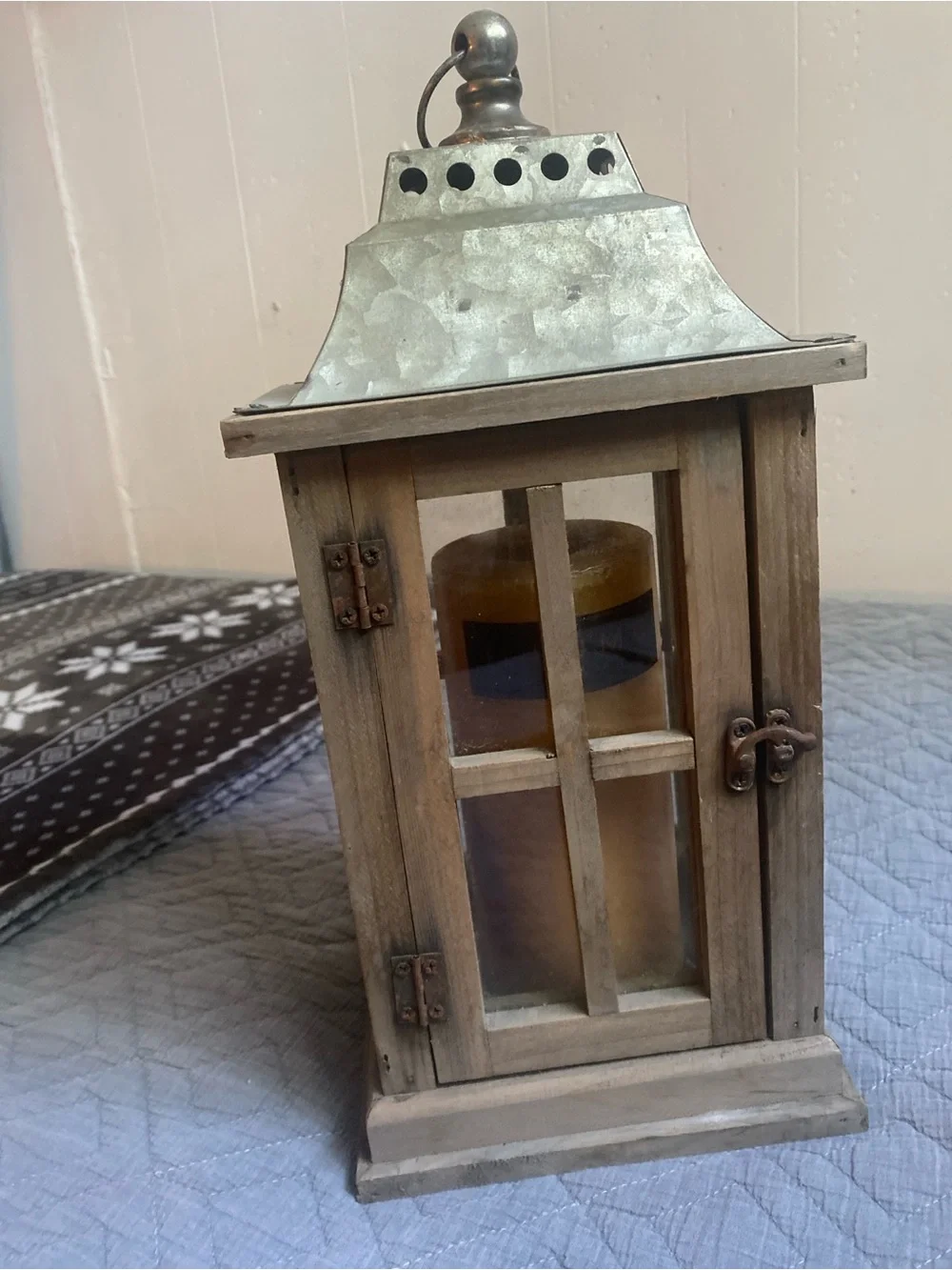 Rustic Wooden Lantern with Amber Candle